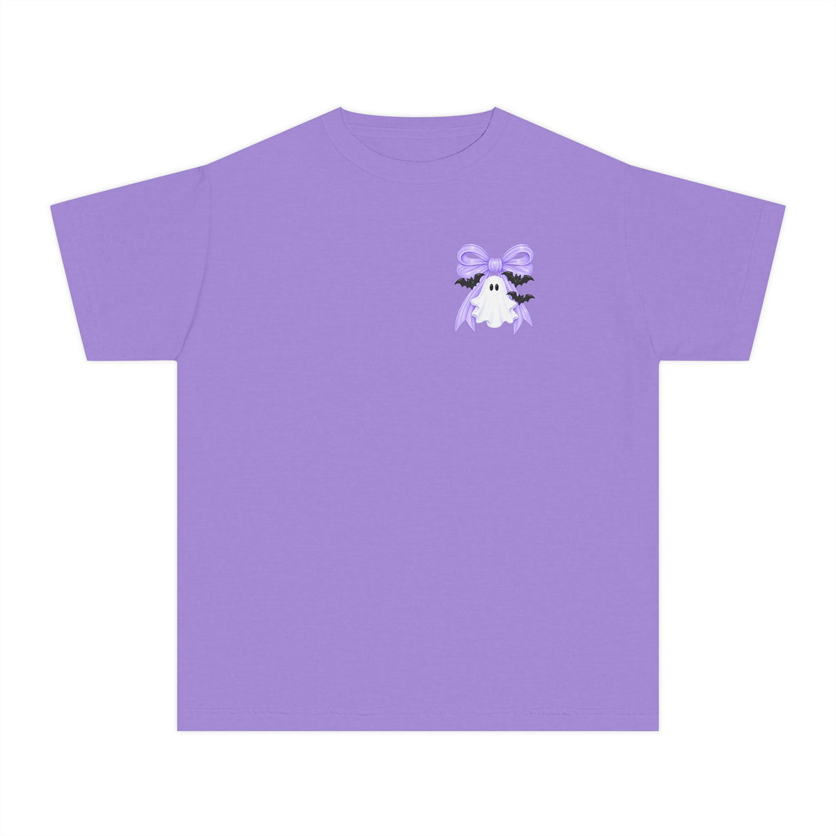 Youth Tee — "Spook Season" Ghost Wreath Halloween Shirt (Purple Bow)