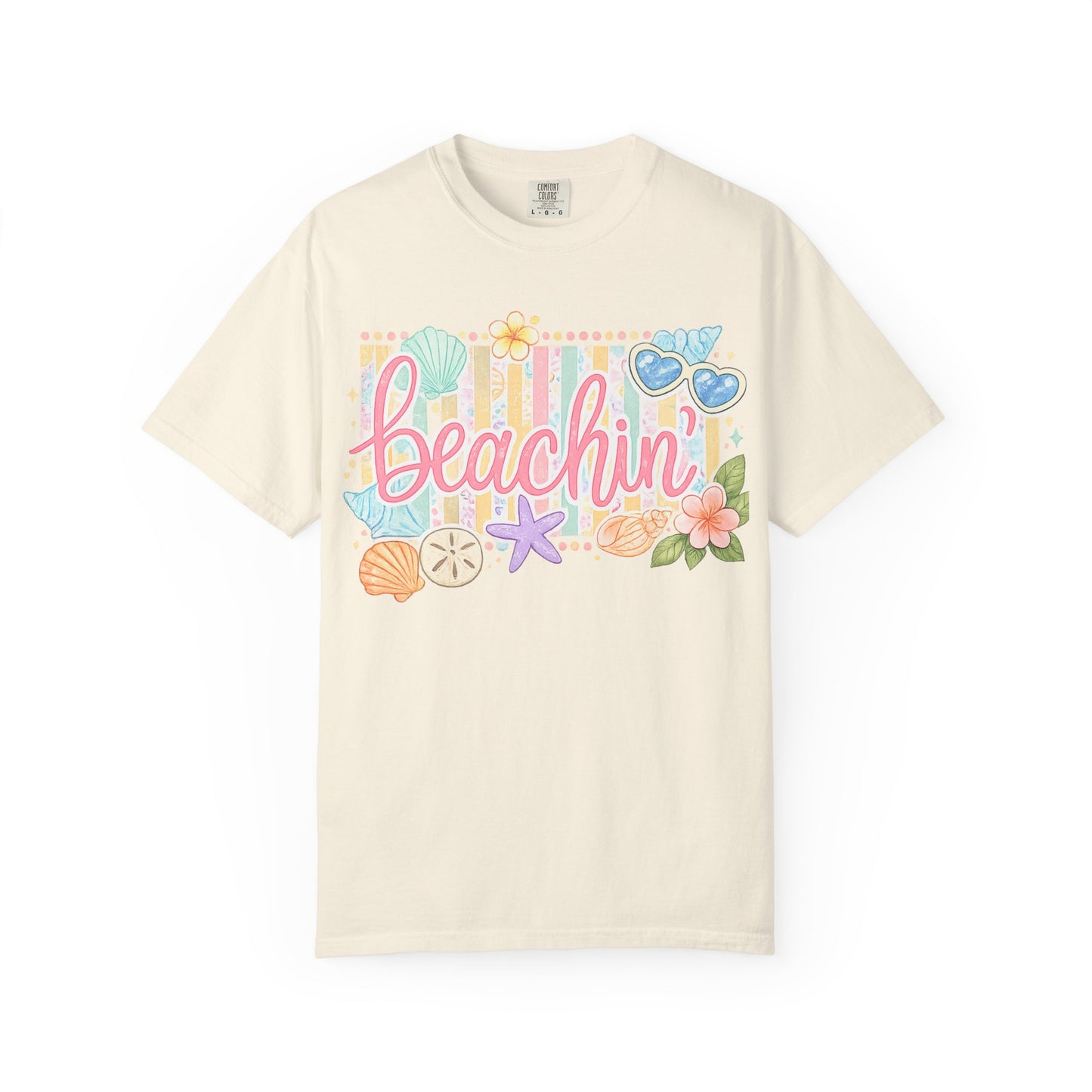 Beachin' T-Shirt — Tropical Summer Graphic Tee with Seashells & Sunglasses