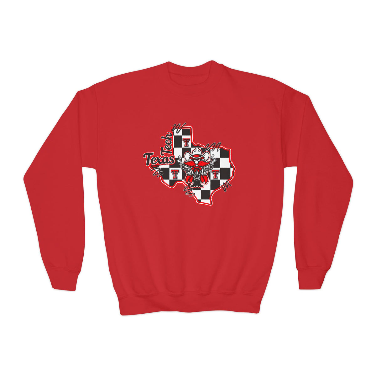 Texas Checkerboard Youth Crewneck Sweatshirt — Red & Black State Graphic