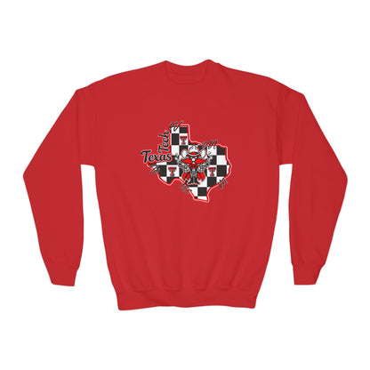Texas Checkerboard Youth Crewneck Sweatshirt — Red & Black State Graphic