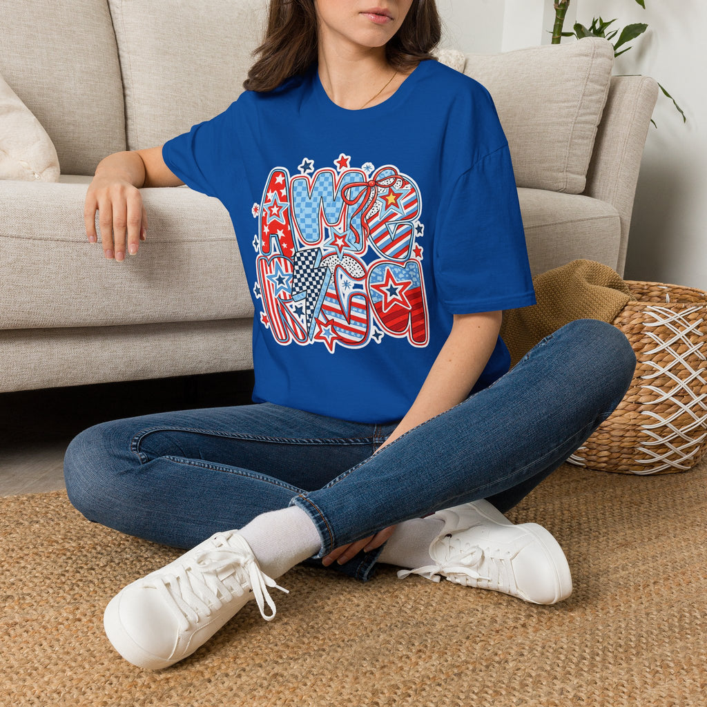 Patriotic AMERICA Graphic T-Shirt — Red White Blue Stars & Stripes Tee