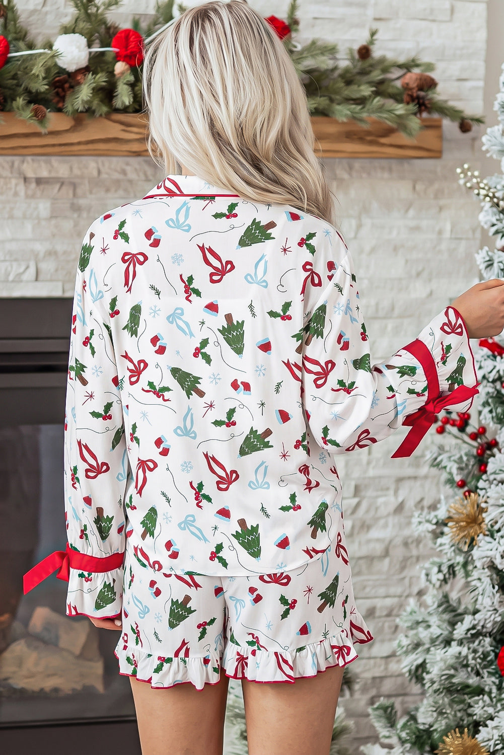 White Christmas Print Ruffle Cuff Lounge Set