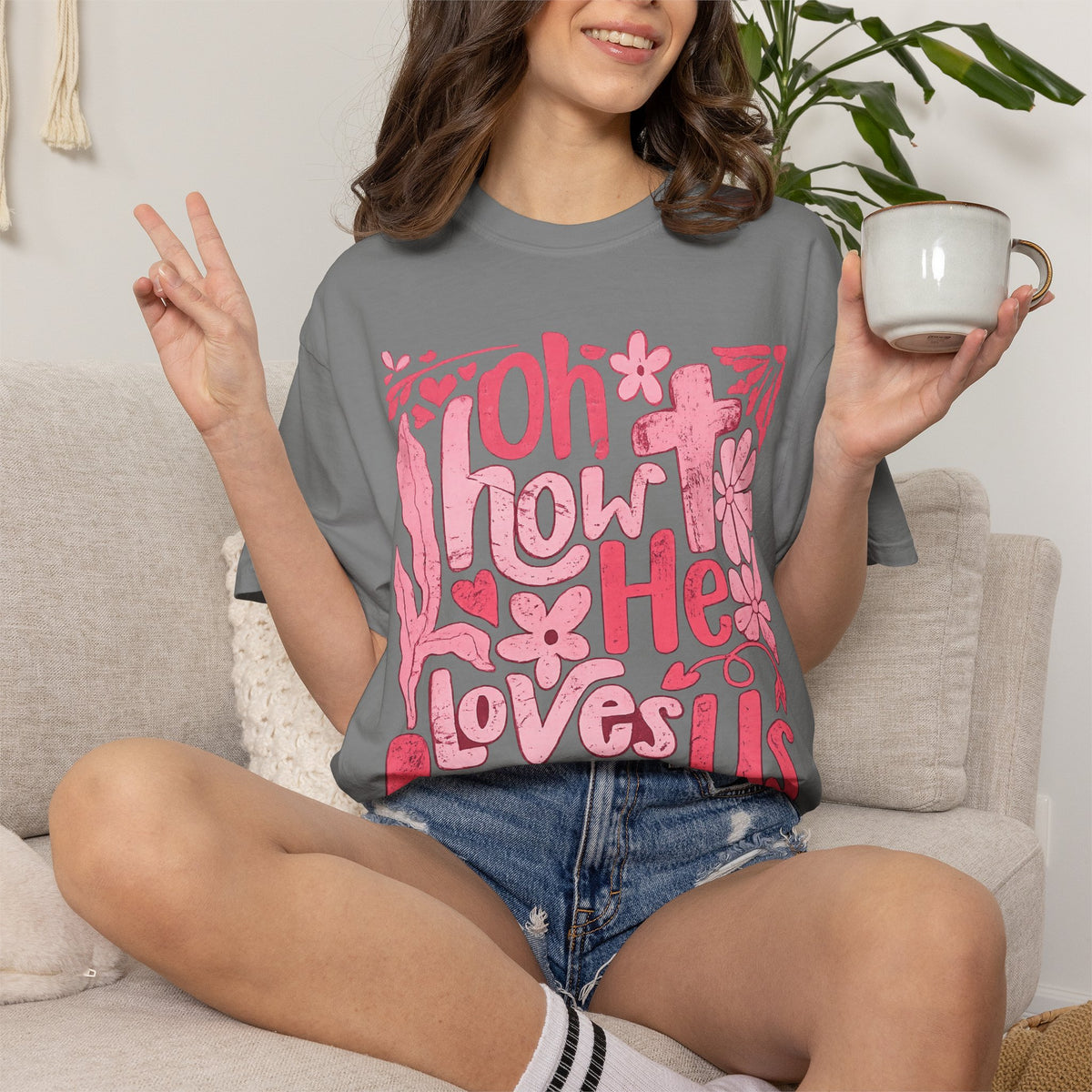 Oh How He Loves Us T-Shirt — Pink Floral Christian Tee (Ephesians 2:4-8)