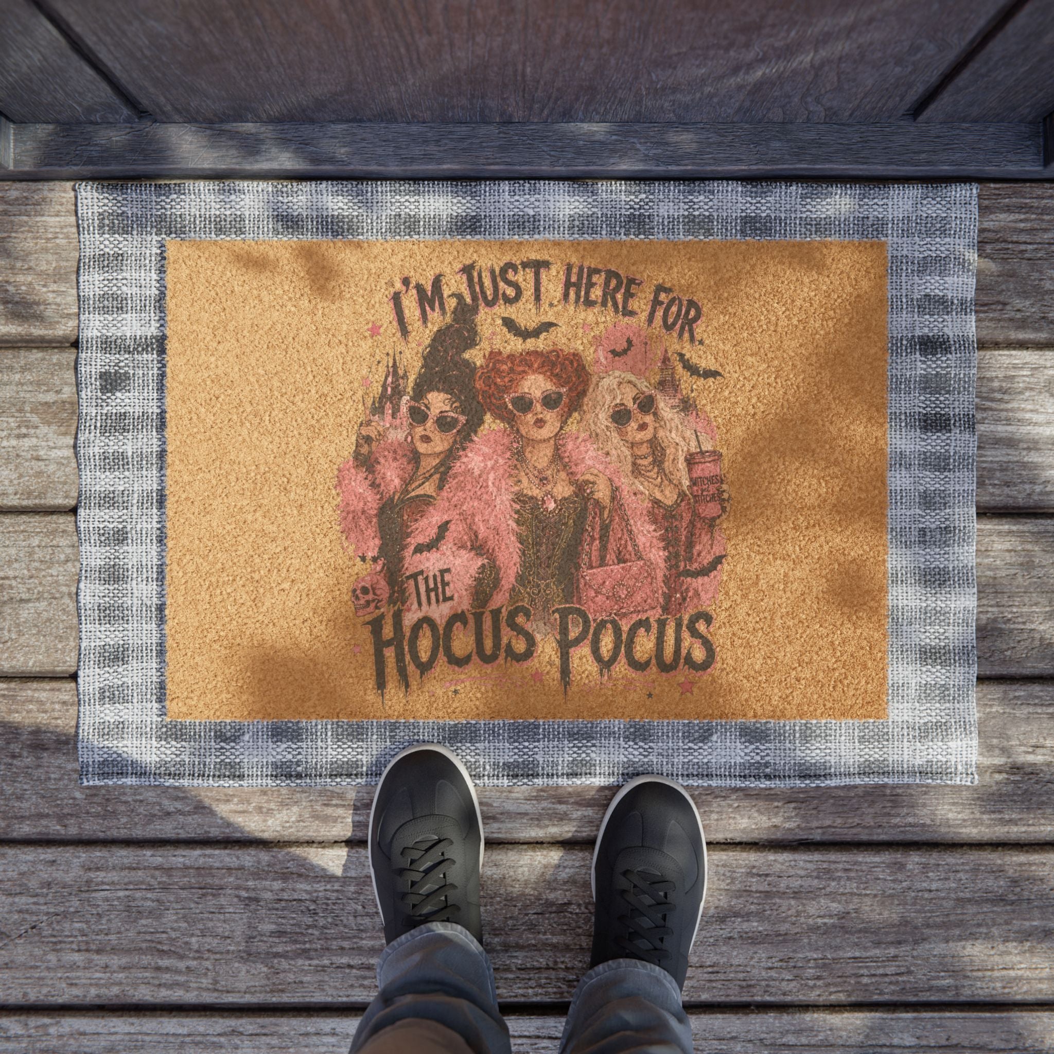 Hocus Pocus Doormat — “I’m Just Here For The Hocus Pocus” Halloween Welcome Mat