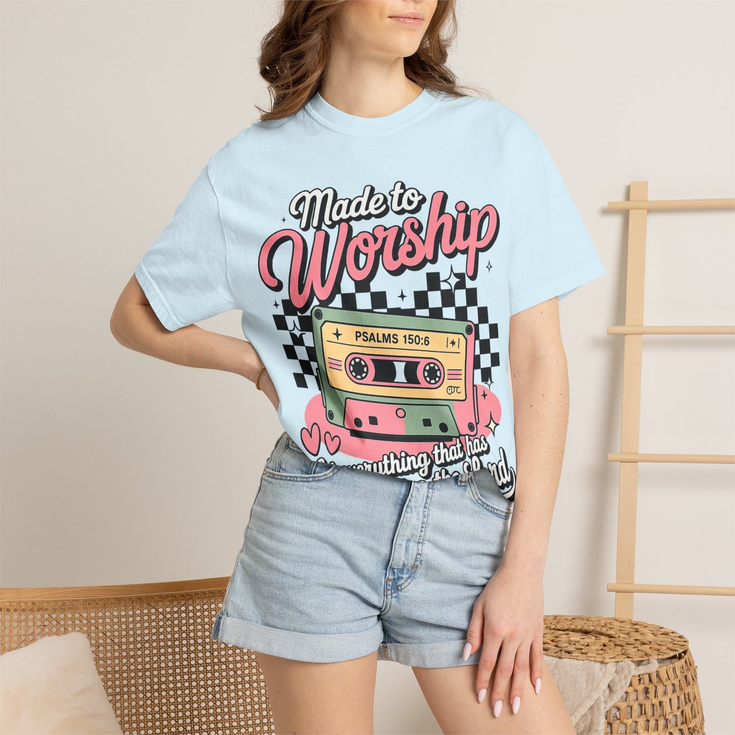 Made to Worship T‑Shirt – Retro Cassette Christian Tee (Psalm 150:6)