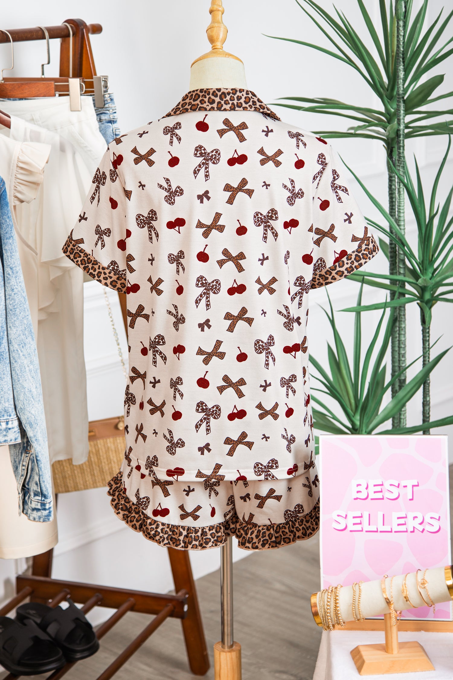 White Chic Bow Cherry Printed Leopard Contrast Patchwork Shirt 2pcs PJ Set