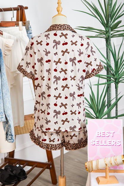 White Chic Bow Cherry Printed Leopard Contrast Patchwork Shirt Drawstring Shorts 2pcs PJ Set