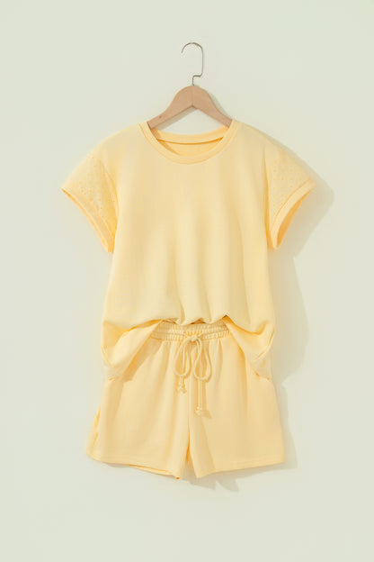 Yellow  Eyelet Lace Patchwork Sleeve Short 2pcs Outfit