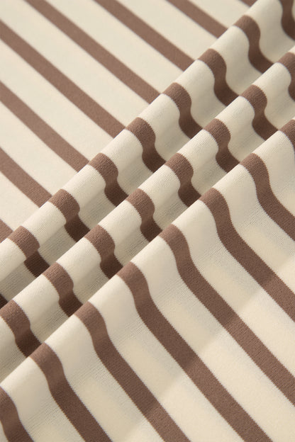 Brown Stripe Plus Size Half Buttons Top and Shorts Set
