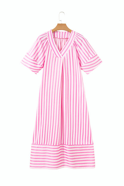 Pink Stripe V Neck Short Sleeve Shift Long Dress