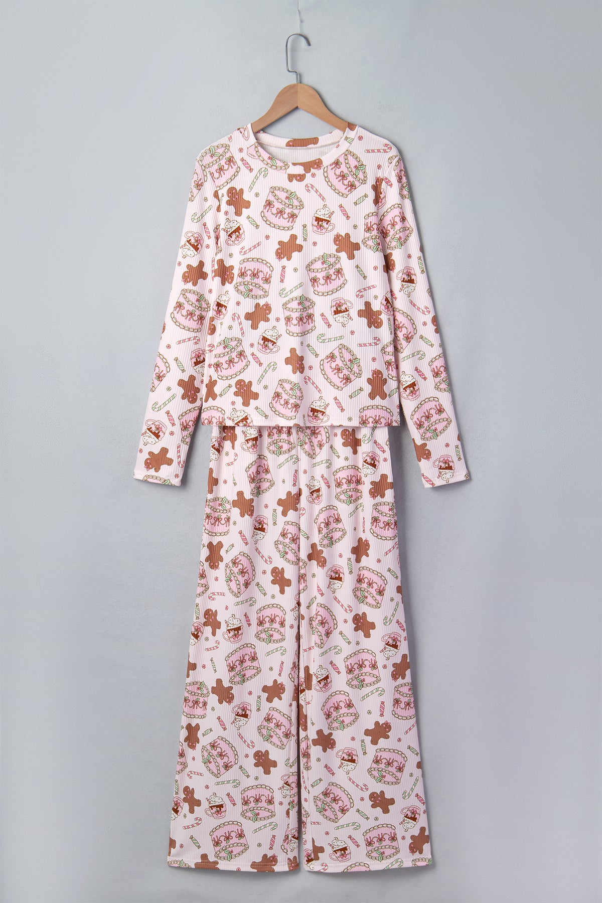 Pink Abstract Christmas Print Long Sleeve Two Piece Lounge Set