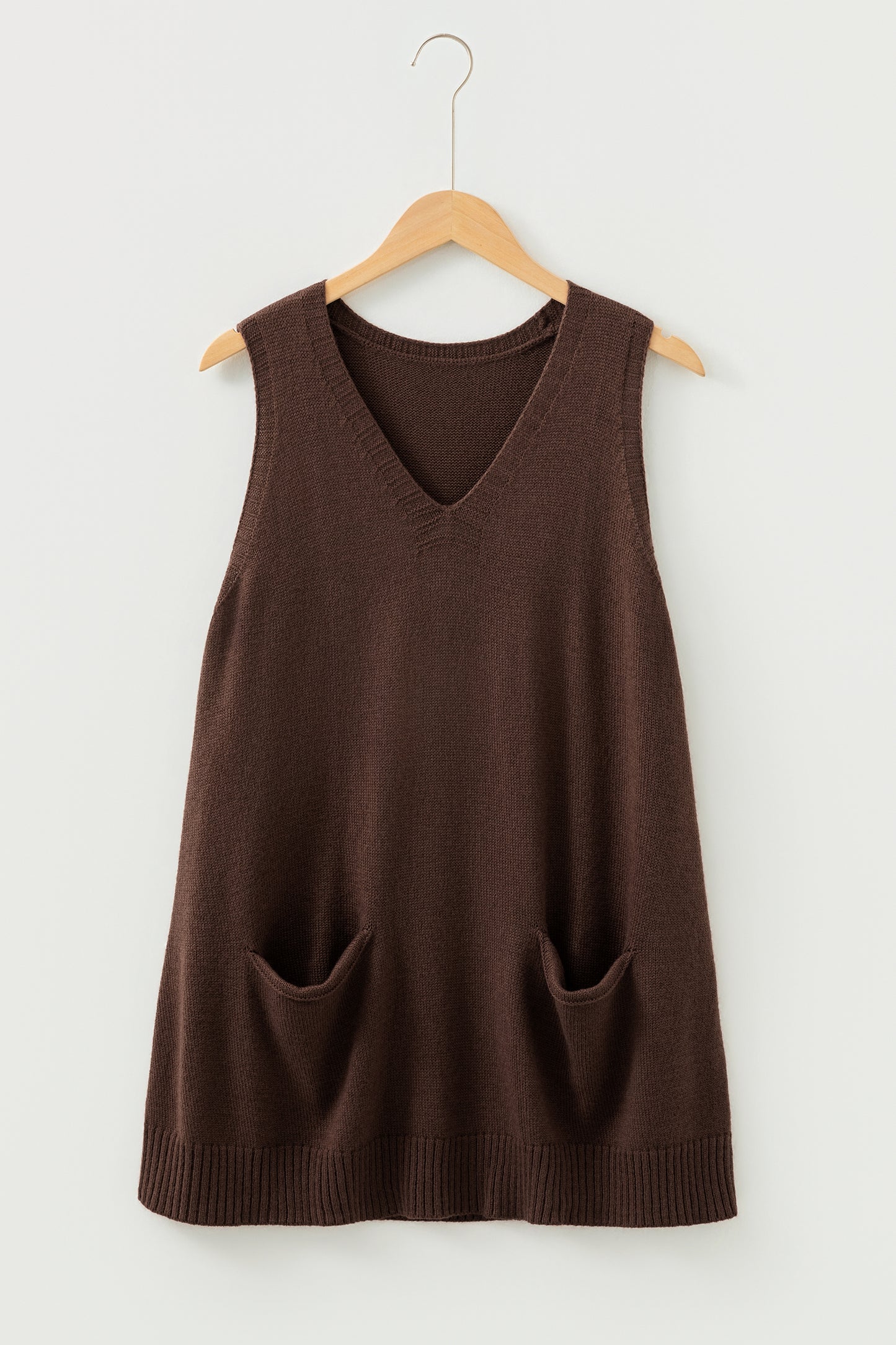 Jet Stream Ribbed Deep V Neckline Front Pocketed Loose Tunic Sweater Vest