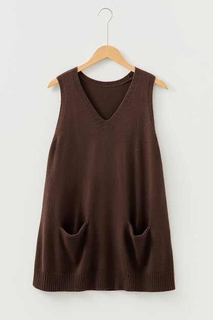 Jet Stream Ribbed Deep V Neckline Front Pocketed Loose Tunic Sweater Vest