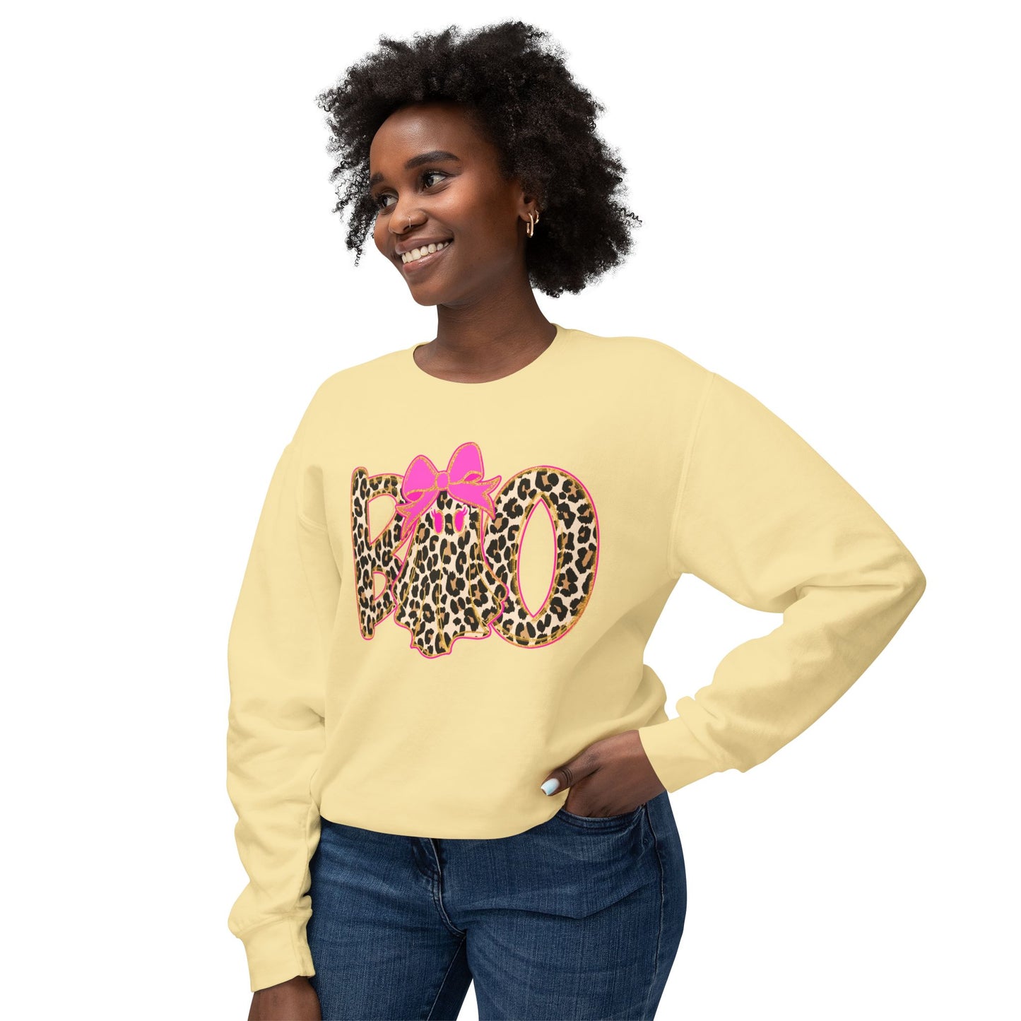 Leopard Print "Boo" Halloween Sweatshirt with Pink Bow