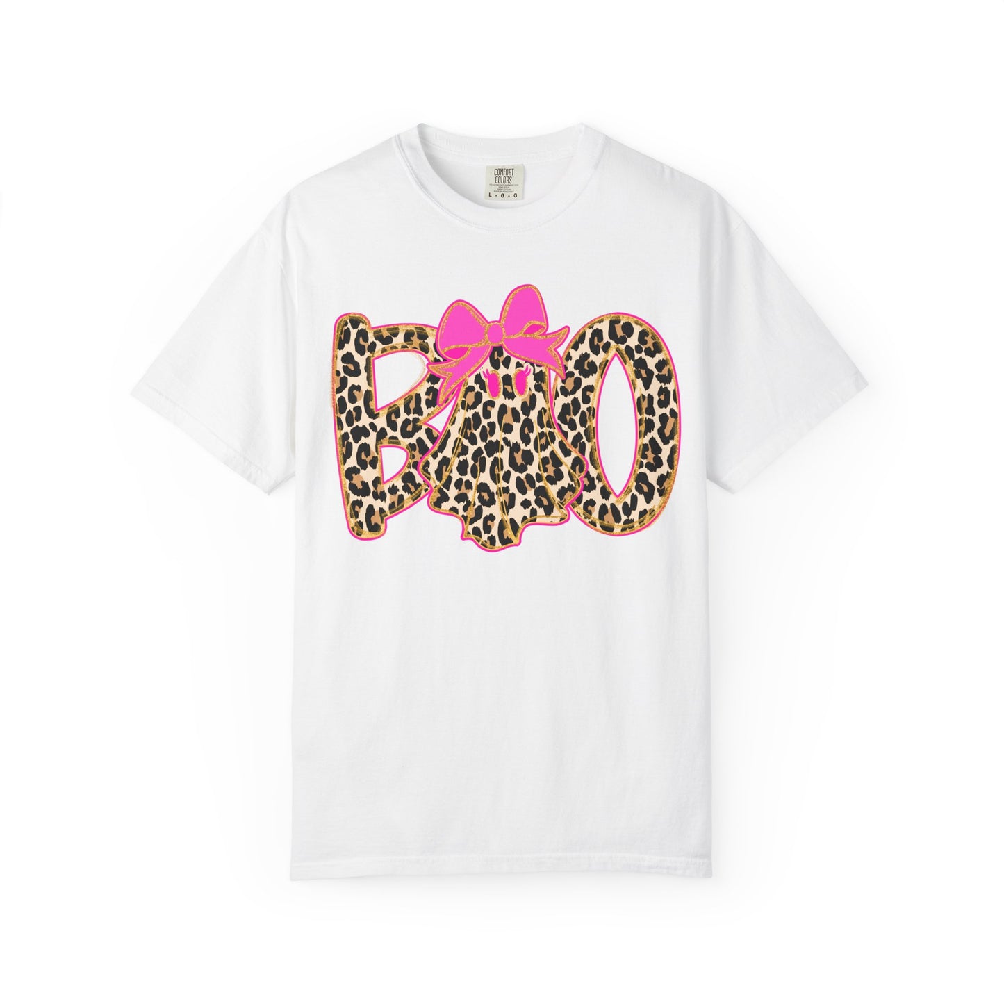 Leopard Print 'BOO' Halloween T-Shirt with Pink Bow