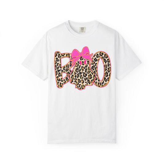 Leopard Print 'BOO' Halloween T-Shirt with Pink Bow