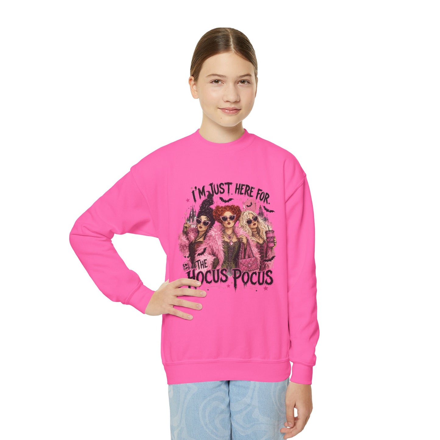 Hocus Pocus Youth Sweatshirt – "I’m Just Here for the Hocus Pocus" Halloween Crewneck