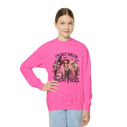 Hocus Pocus Youth Sweatshirt – "I’m Just Here for the Hocus Pocus" Halloween Crewneck
