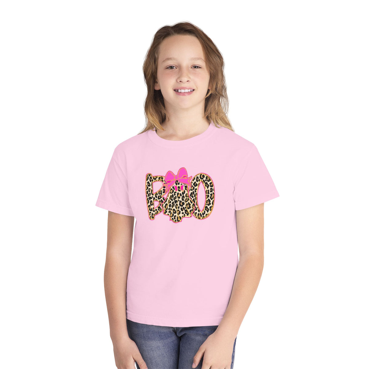 Kids Halloween Tee - Leopard Print 'BOO' with Pink Bow