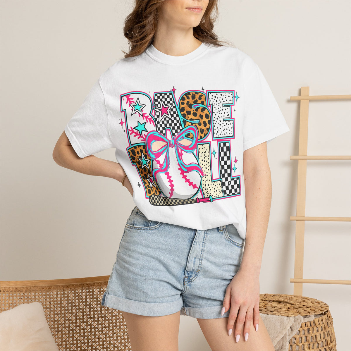 Baseball Mom Graphic T-Shirt — Colorful Leopard Print "Baseball" Design