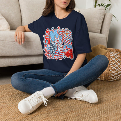 Patriotic AMERICA Graphic T-Shirt — Red White Blue Stars & Stripes Tee