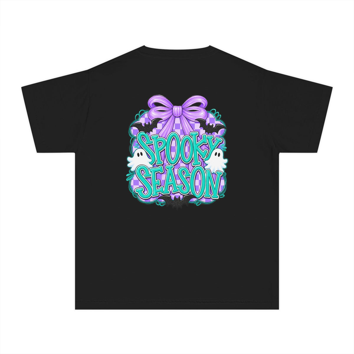 Youth Tee — "Spook Season" Ghost Wreath Halloween Shirt (Purple Bow)