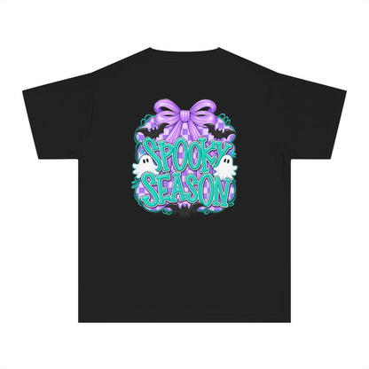 Youth Tee — "Spook Season" Ghost Wreath Halloween Shirt (Purple Bow)