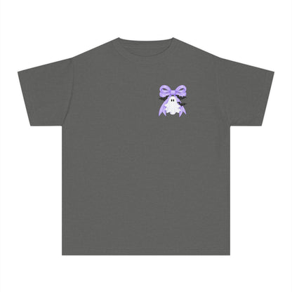 Youth Tee — "Spook Season" Ghost Wreath Halloween Shirt (Purple Bow)