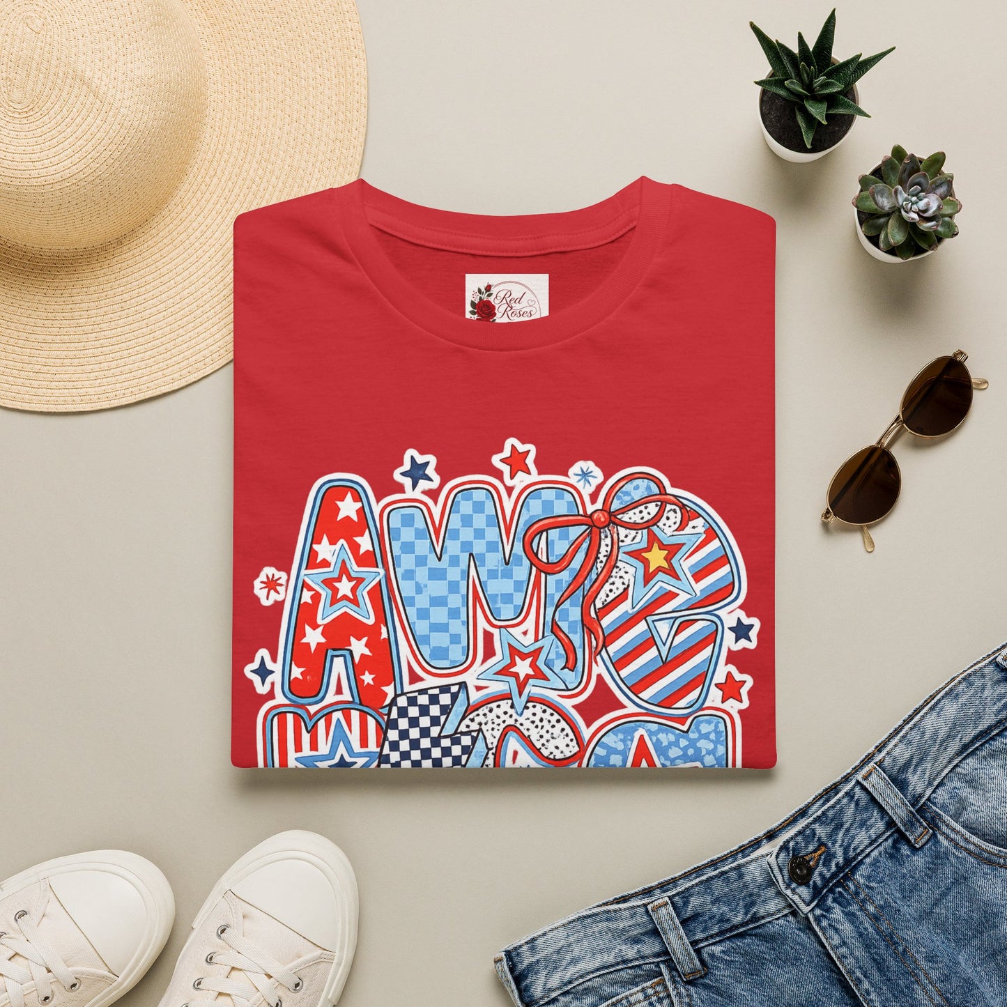 Patriotic AMERICA Graphic T-Shirt — Red White Blue Stars & Stripes Tee