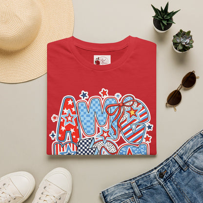 Patriotic AMERICA Graphic T-Shirt — Red White Blue Stars & Stripes Tee