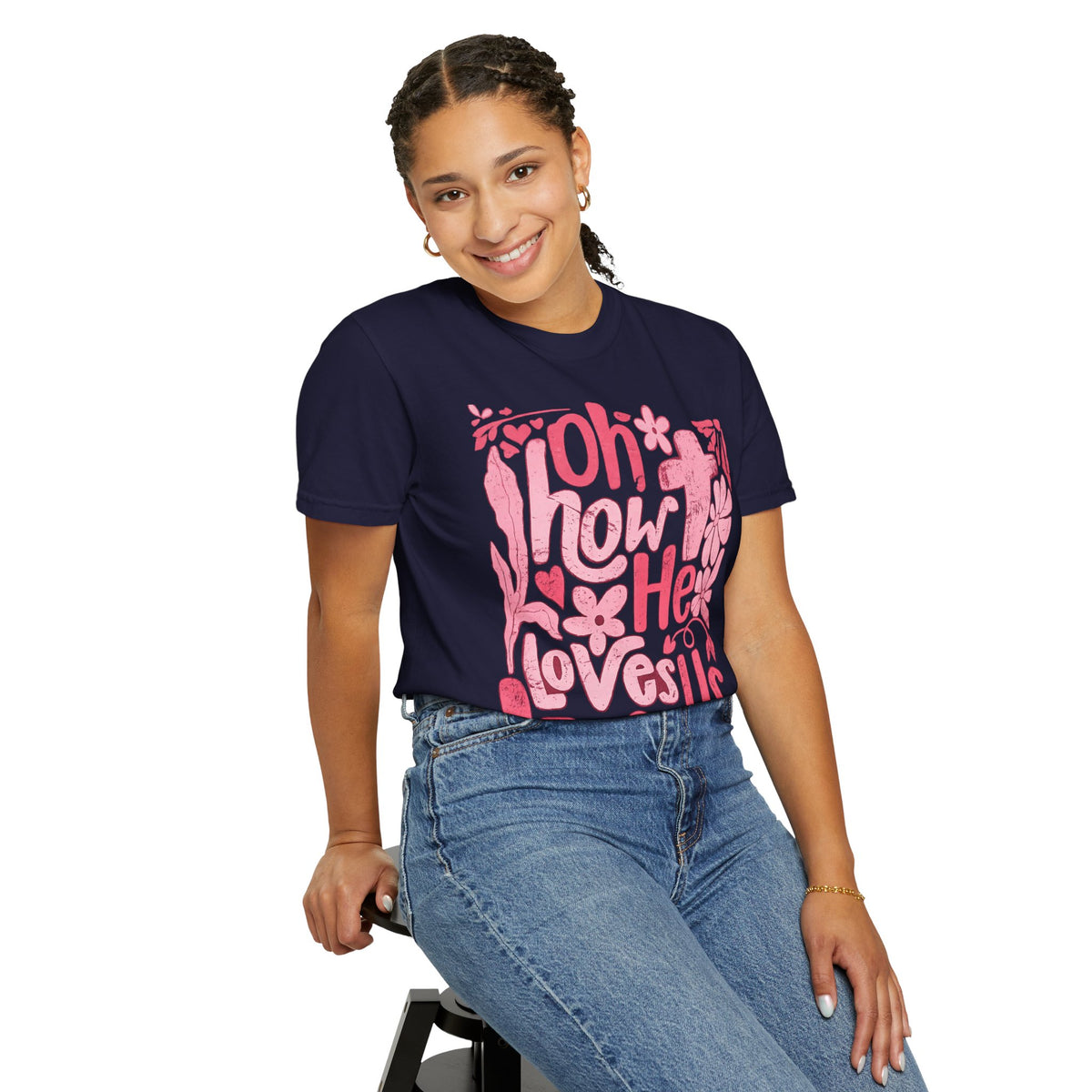 Oh How He Loves Us T-Shirt — Pink Floral Christian Tee (Ephesians 2:4-8)