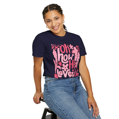 Oh How He Loves Us T-Shirt — Pink Floral Christian Tee (Ephesians 2:4-8)