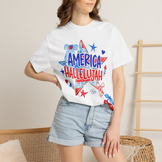 America Hallelujah T-Shirt — Patriotic 4th of July Tee with Red, White & Blue Stars