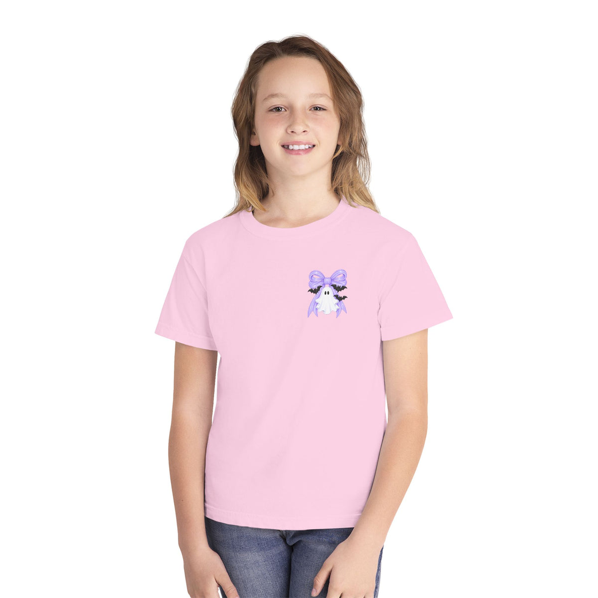 Youth Tee — "Spook Season" Ghost Wreath Halloween Shirt (Purple Bow)