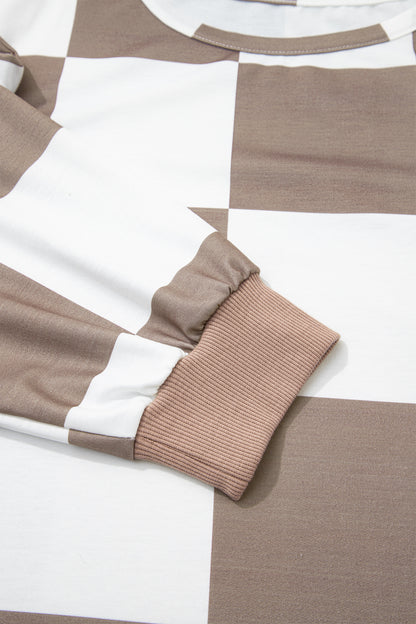 Khaki Checkered Contrast Long Sleeve Top Solid Shorts Plus Size 2pcs Set