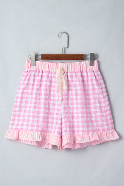 Pink Gingham Print Ruffle Striped Detail Lace Tie Shorts