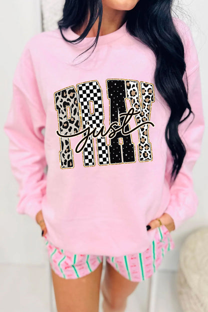 Pink Just PRAY Unique Letter Graphic Round Neck Pullover Sweatshirt