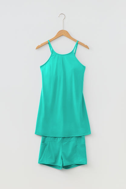 Pink Solid Color Tunic Tank Dress Athletic Shorts Two Piece Set