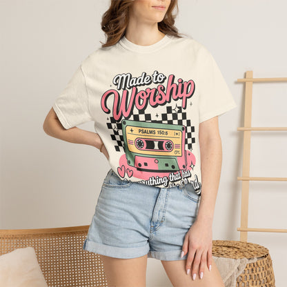 Made to Worship T‑Shirt – Retro Cassette Christian Tee (Psalm 150:6)