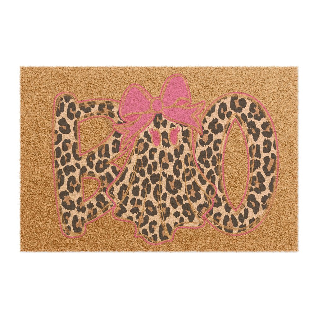 Leopard Print 'Hello' Doormat with Pink Bow – Chic Animal Print Entry Rug