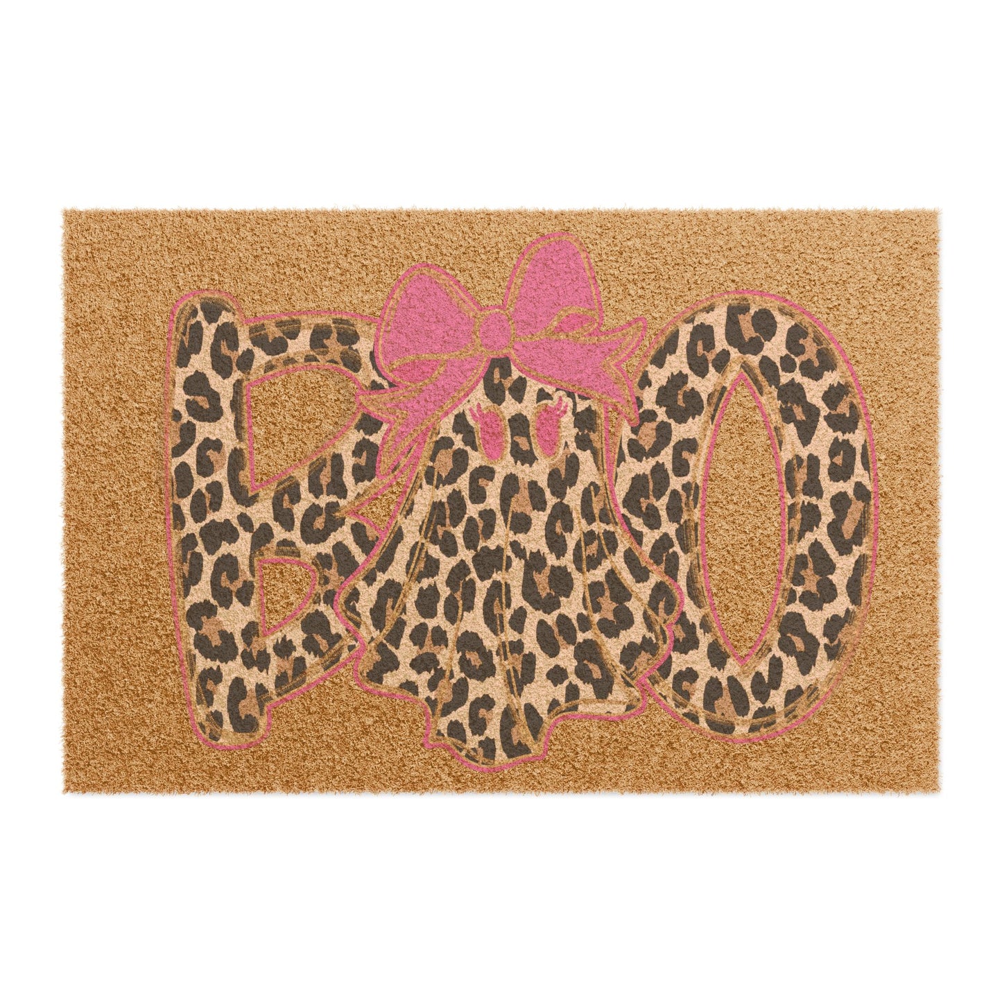 Leopard Print 'Hello' Doormat with Pink Bow – Chic Animal Print Entry Rug