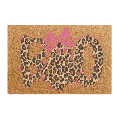 Leopard Print 'Hello' Doormat with Pink Bow – Chic Animal Print Entry Rug