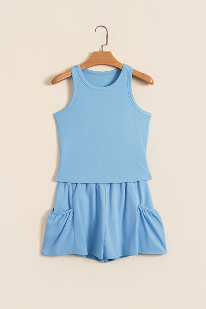 Dark Blue Ribbed Slim Tank Pocketed Wide Leg Shorts Set