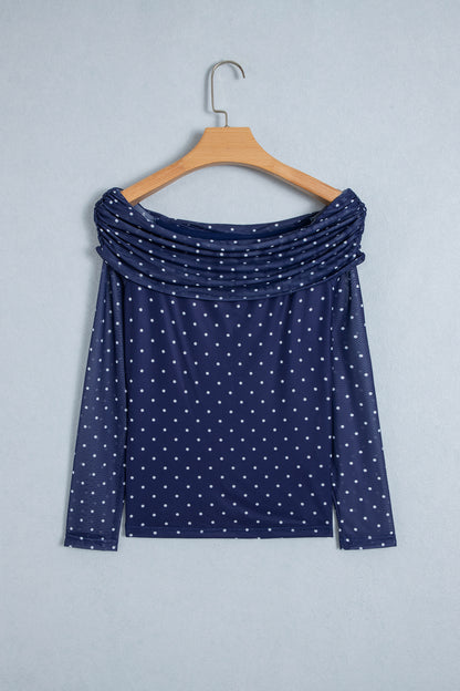 Blue Off Shoulder Polka Dot Mesh Long Sleeve Sheath Top