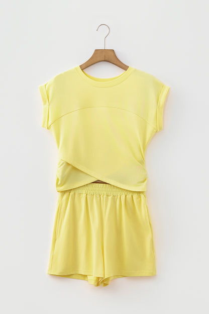 Mist Blue Solid Short Sleeve Elastic Waist Pocket Casual Two Piece Short Set