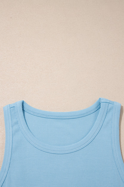 Dark Blue Ribbed Slim Tank Pocketed Wide Leg Shorts Set