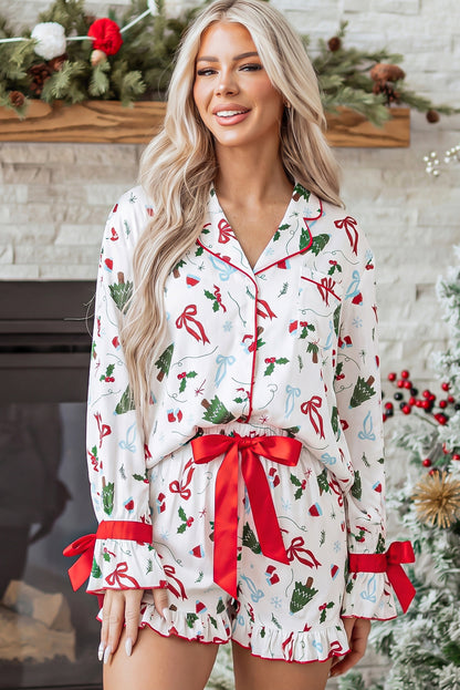 White Christmas Print Ruffle Cuff Lounge Set