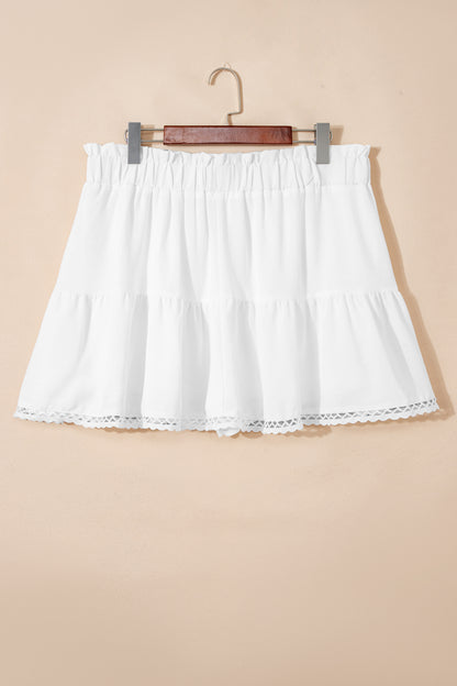 Black Plus Size Frilled Elastic Waist Lace Trim Boho Ruffled Shorts