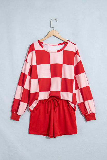 Khaki Checkerboard Plaid Long Sleeve Solid Color Shorts 2pcs Set