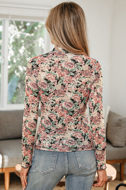 White Retro Floral Print Mock Neck Mesh Long Sleeve Top